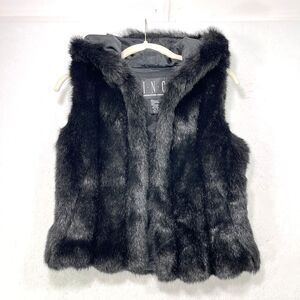 Y2K Faux Fur Vest Women S Black INC International Concepts Hood Mob Wife Gothic